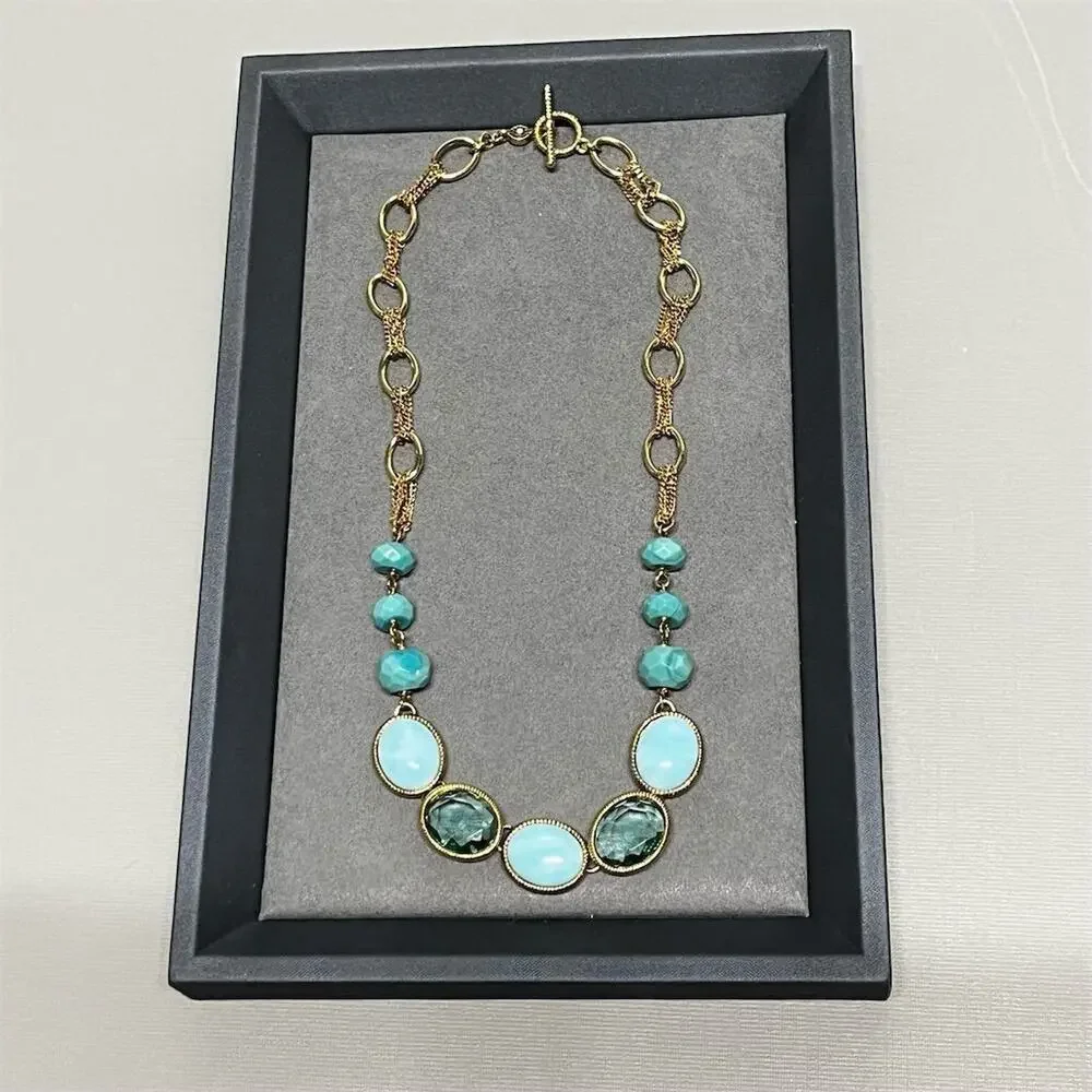 Monet Gold‎ Tone Aqua Cabochon Beaded Necklace 18” Toggle Statement
